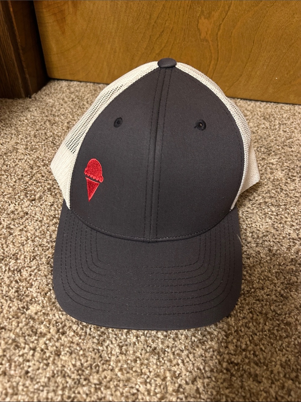 Gray and White Trucker Hat with pink Ice Cream Logo